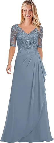 Miniatura 5 de Women's V-Neck Chiffon Mother of The Bride Dresses Lace Long Ruffle Prom Dress with Half Sleeve Formal Evening Party Gowns
