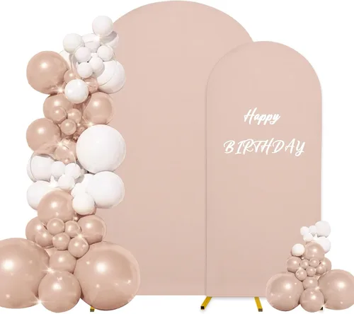 Miniatura 13 de Juego de 2 fundas para arco de boda de 2 lados, parte superior redonda de spandex, funda ajustada para telón de fondo de arco para fiesta de Beige