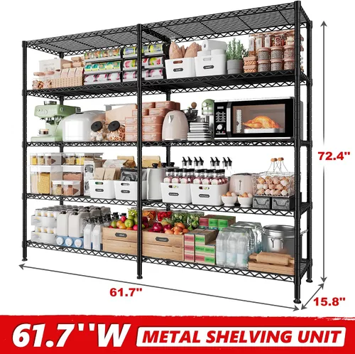 Miniatura 6 de Estantería de metal de 5 niveles con carga de 1500 libras, estantes de despensa de alambre ajustables para almacenamiento, estantes de cocina