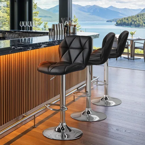 Miniatura 9 de Yaheetech Juego de 2 taburetes de bar, modernas sillas ajustables para isla de cocina, taburetes giratorios de piel sintética negra para bar, Negro