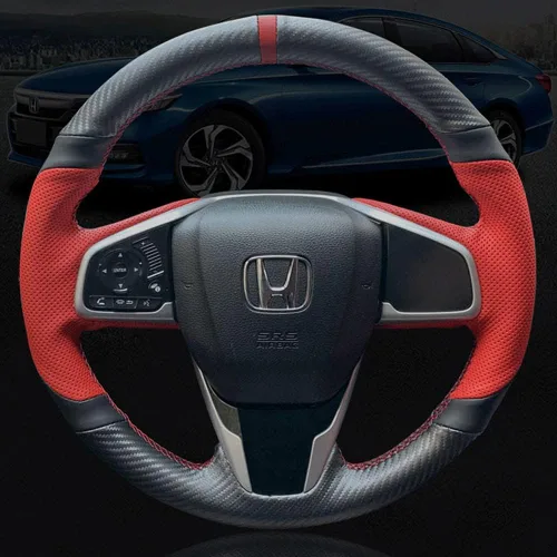 Miniatura 7 de Cubierta de volante de cuero perforado rojo con fibra de carbono mate negro para Honda Civic 2016-2021/CR-V 17-21/Clarity 16-18/Breeze