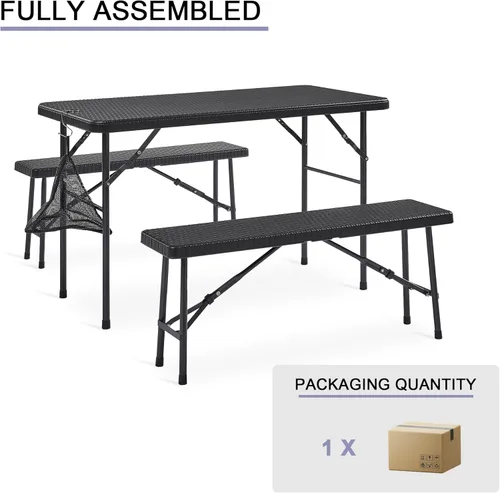 Miniatura 9 de VECELO Mesa de picnic plegable de 3 piezas con 2 bancos, juego de patio de ratán sintético de 47.2 pulgadas con bolsa de malla, resistente al calor