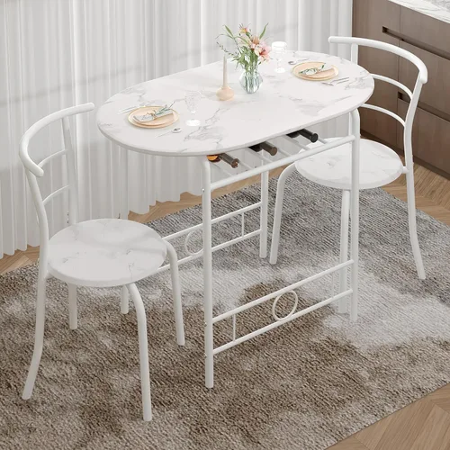 Miniatura 21 de VECELO Juego de mesa de comedor de 3 piezas para rincón de desayuno, mesa ovalada de mármol sintético y marco de metal con estante de vino Blanco
