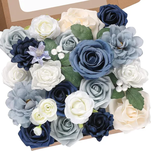 Serwalin Flores artificiales, flores falsas de color azul polvoriento, flores de boda de espuma de seda con tallos para tartas, ramos de novia,
