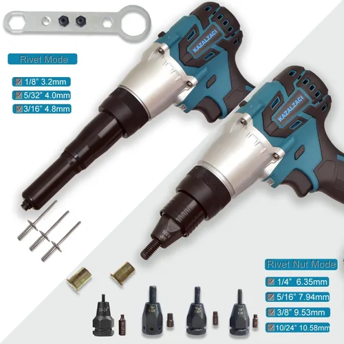 Miniatura 2 de Herramienta inalámbrica 2 en 1 para remache/tuerca remachadora eléctrica para tuercas (10/24 pulgadas, 1/4 pulgadas, 5/16 pulgadas, 3/8 pulgadas)
