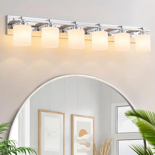 Miniatura 9 de 1 Luminaria Moderna de Baño sobre Espejo, Luces de Tocador Negro Dorado para Apliques de Pared de Baño con Pantallas de Vidrio Blanco Lechoso