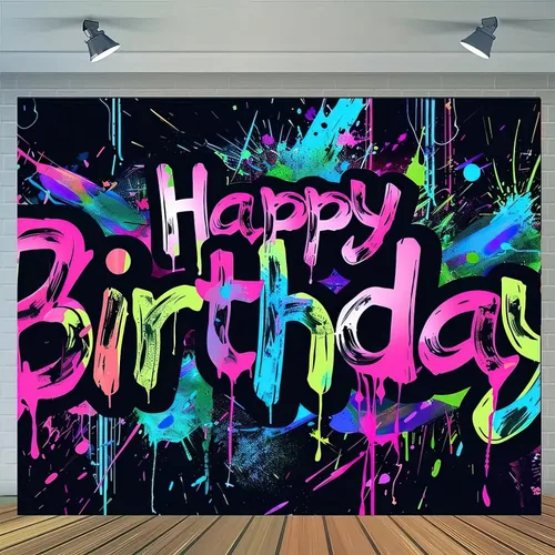 Miniatura 23 de HOMETITUTE Pancarta de Neón de Feliz 10mo Cumpleaños 71 x 43 pulgadas, Salpicadura de Pintura que Brilla en la Oscuridad, Telón de Fondo