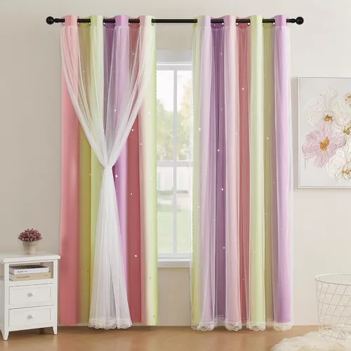 Miniatura 30 de XiDi Cortinas opacas con estrellas para habitaciones de niños, cortinas verdes para ventana de dormitorio de niños, azul y gris, 52 pulgadas de Azul