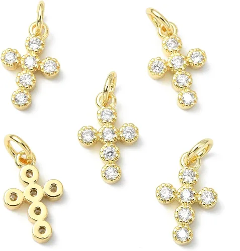 KitBeads 10 dijes de cruz de circonita cúbica chapados en oro de 18 quilates con cruz religiosa para hacer joyas, pulseras, collares, aretes a granel