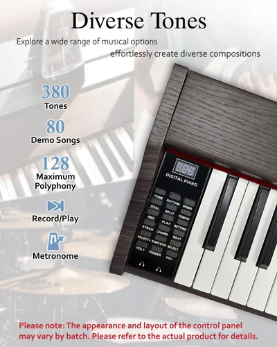 Miniatura 5 de Longeye Teclado de piano de 88 teclas, piano eléctrico de madera, piano digital semipesado para principiantes y profesionales con soporte