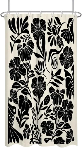 Black Floral Shower Curtain Stall Small Half Single Mini Boho Flower Farmhouse Vintage Gothic Abstarct Retro Funky Botanical Moody Fabric Cloth