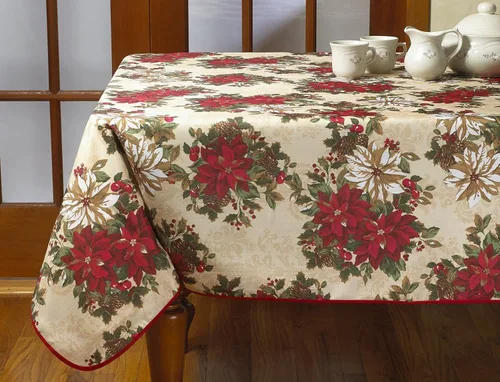 Miniatura 7 de Violet Linen Mantel impreso con diseño de jardín de flor de pascua europea, color beige, redondo de 60 pulgadas