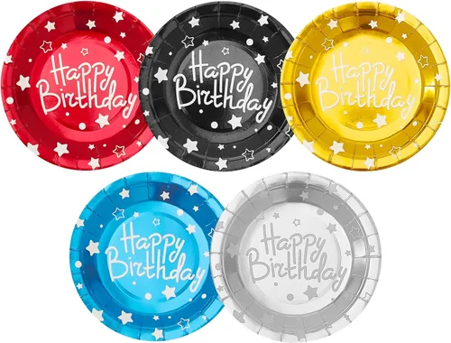 Platos de papel de fiesta de feliz cumpleaños, platos de postre coloridos, 50 piezas de 7 pulgadas, 50 piezas de suministros de fiesta, cinco