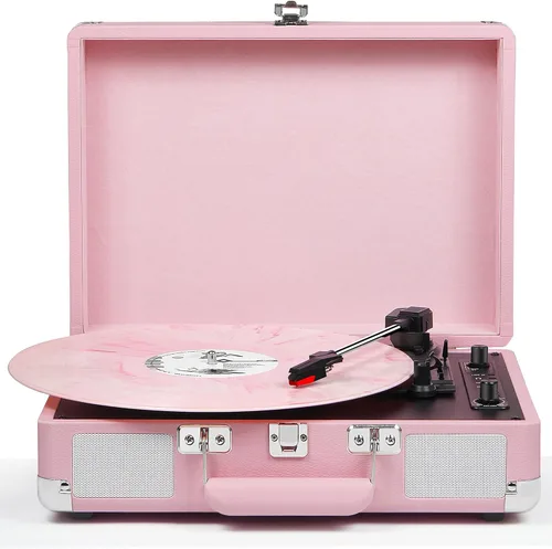 Miniatura 14 de Tocadiscos de vinilo Bluetooth de 3 velocidades portátil tipo maleta con altavoces integrados, grabación USB de vinilo a MP3, RCA, AUX y salida