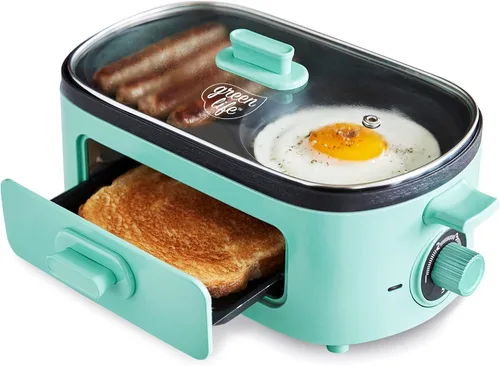 Estación de Preparación de Desayuno 3 en 1 GreenLife, Planchas Duales de Cerámica Antiadherentes Saludables para Huevos, Carne, Salchichas, Tocino,