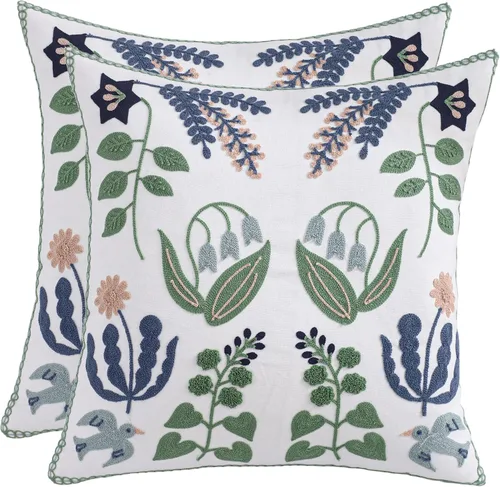 Miniatura 13 de Juego de 2 fundas de almohada bordadas de 16 x 16 pulgadas, diseño vintage de pájaros con flores, fundas de almohada de granja para almohada, fundas