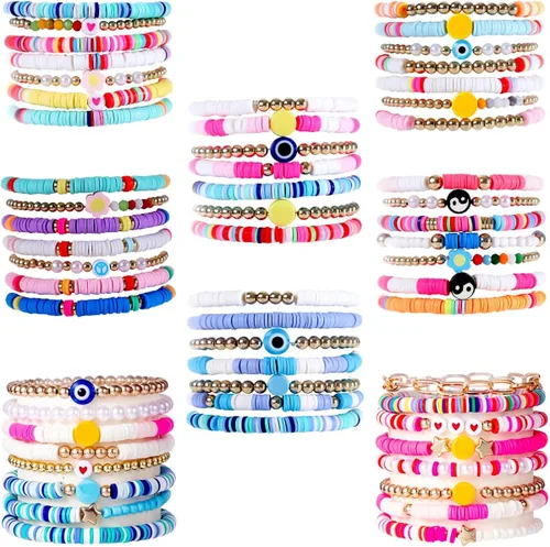 Svovin Juego de 58 pulseras Heishi Preppy de oro blanco colorido corazón estrella mal de ojo con cuentas de arcilla polimérica perla apilable Y2K