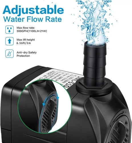 Miniatura 4 de Jhua Bomba de fuente de agua sumergible de 300 GPH (1100 L/H, 21 W), bombas de fuente ultra silenciosas sumergibles para exteriores con cable