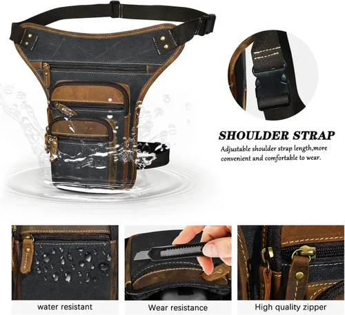 Miniatura 5 de Handadsume Riñonera de lona resistente al agua + cuero para motocicleta, riñonera, bolsa de pierna para muslo, para hombres y mujeres, FB913-5