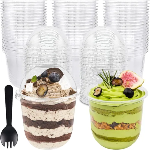 Miniatura 7 de Jnnzzggu Paquete de 50 tazas de postre de plástico transparente de 9 onzas con tapas de cúpula, cuencos desechables sin agujeros para pudín