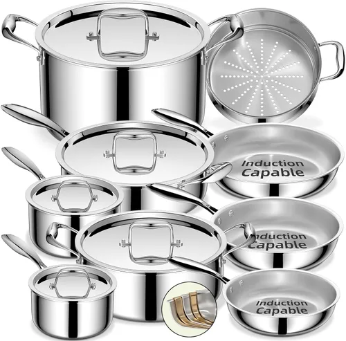 Umite Chef Juego de utensilios de cocina de acero inoxidable, 5 capas de 14 piezas de acero inoxidable para ollas y sartenes de inducción, calidad