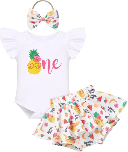 Miniatura 7 de IMEKIS Traje de 1er cumpleaños para bebé niña con estampado de girasol y durazno + pantalones cortos con volantes + diadema para sesión de fotos