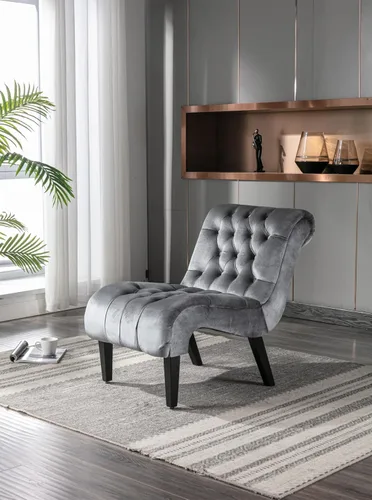 Miniatura 12 de Modern Velvet Armless Accent Living Room Chair,Upholstered Fabric Button Comfortable Leisure Chair with Wooden Legs for Bedroom,Office (Beige Velvet)