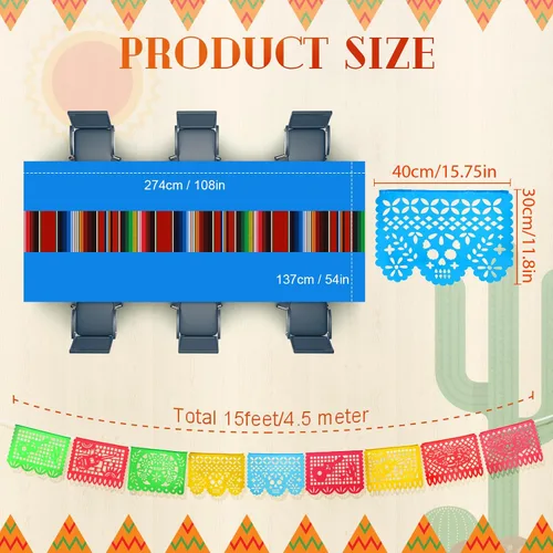 Miniatura 2 de Preboun Mantel de plástico mexicano y pancarta de papel picado mexicano, suministros de decoración de fiesta para mesas rectangulares, carnaval
