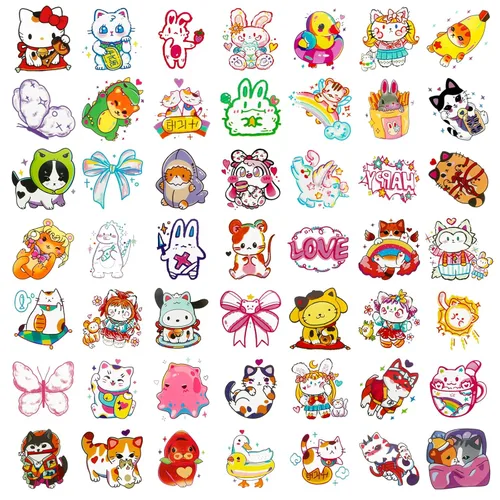 Miniatura 5 de Konsait 50 hojas de tatuajes de anime, tatuajes de gato de estilo mixto de dibujos animados, envueltos individualmente, tatuajes temporales de gato