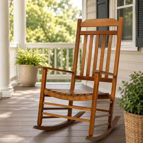Miniatura 14 de Kozyard Mecedora de madera, silla mecedora de madera maciza para exteriores con respaldo alto y asiento de listones, mecedora ergonómica