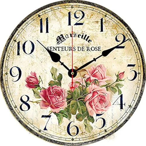 Reloj de Pared Floral Francés Vintage con Patrón de Rosas Rosadas Pequeño Redondo Silencioso Sin Tictac Movimiento de Cuarzo de 8 Pulgadas Relojes