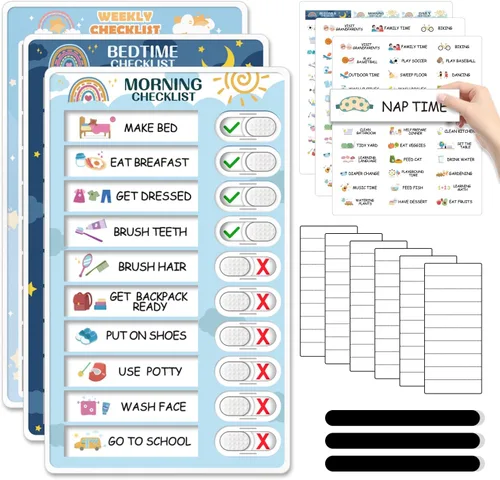 Miniatura 8 de Tabla de rutina de 3 en 1 para dormir/mañana/semana para niños, tabla de tareas magnética para niños pequeños, horario visual para niños, tabla