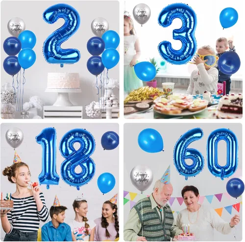 Miniatura 7 de Globos azules del número 18 de 40 pulgadas, globos de cumpleaños de 18 años, globos de látex azul claro y azul oscuro con impresión plateada