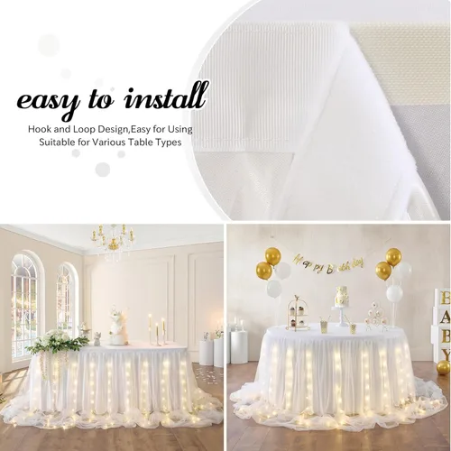 Miniatura 3 de Falda de mesa de tul blanco para baby shower, falda de mesa tutú con volantes blancos de 9 pies con luz LED para boda, despedida de soltera, baby