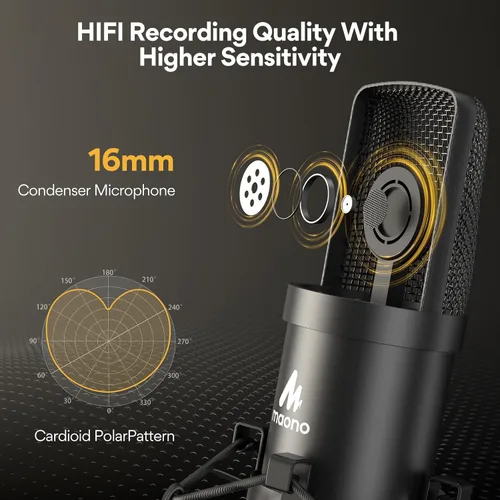 Miniatura 3 de Kit de micrófono USB de 192 KHZ/24 BIT Plug & Play MAONO AU-A04 USB para computadora, micrófono cardioide de condensador con chipset de sonido