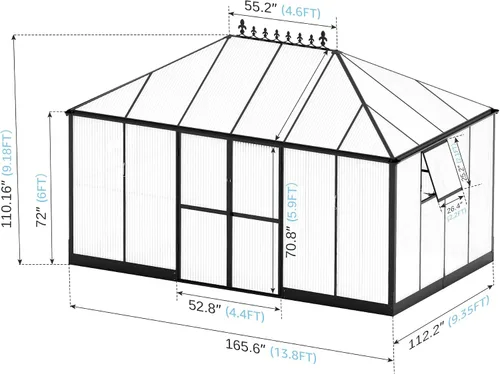 Miniatura 6 de Jocisland Invernadero de Policarbonato de 14x9.5x9 Pies - Invernaderos de Aluminio para Exteriores con Altura de Pared de 6 Pies con 2 Ventilaciones