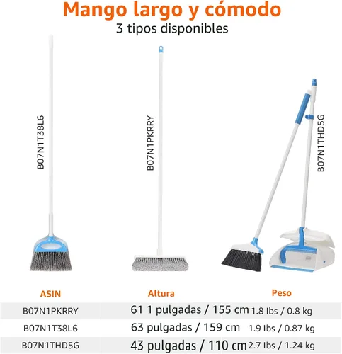 Miniatura 5 de Juego de escoba y recogedor Amazon Basics con montaje fácil y mango largo, azul y blanco