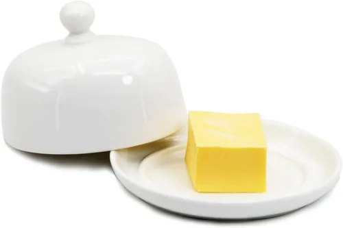 NAGU Mini plato de mantequilla ovalado con tapa, plato de queso blanco con forma de procelain abovedado con asa, bandeja de mantequilla pequeña para