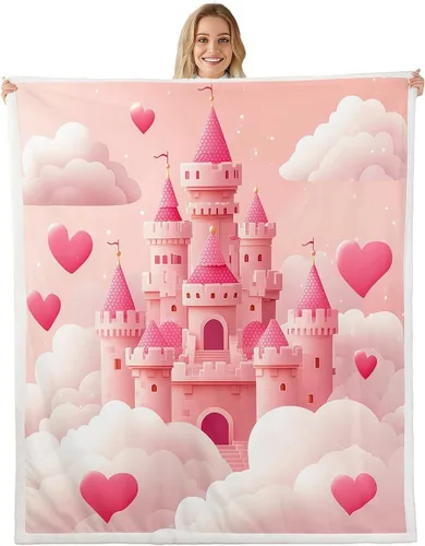 Miniatura 28 de Princess Flannel Blanket All Seasons,Rainbow Cloud Stars Butterfly Bed Blanket for Kawaii Home Decor,Dreamy Fairy Tale Castle Blanket for Kids Girls