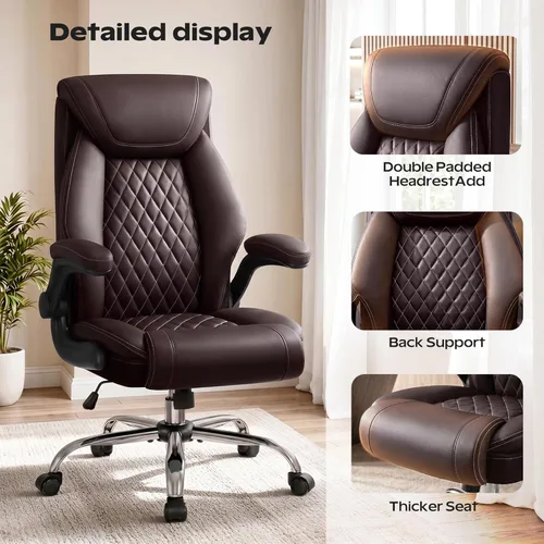 Miniatura 3 de Silla de oficina, Silla de escritorio ergonómica de respaldo alto para oficina en casa, Silla de oficina grande y alta de cuero transpirable con Café