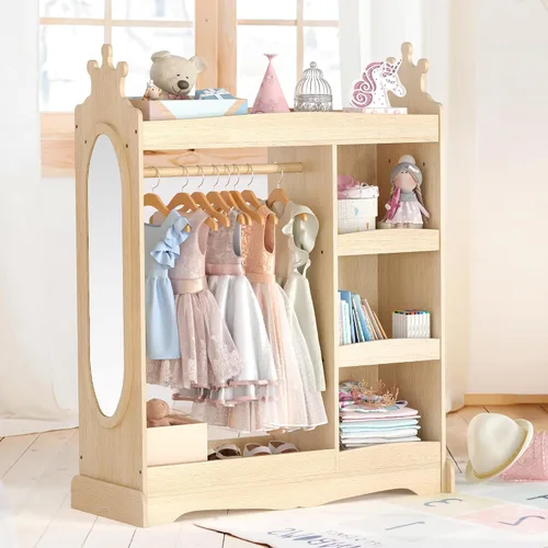 Curipeer Almacenamiento de disfraces para niños con espejo, armario para niños con almacenamiento y 3 ganchos, armario para niños y niñas,