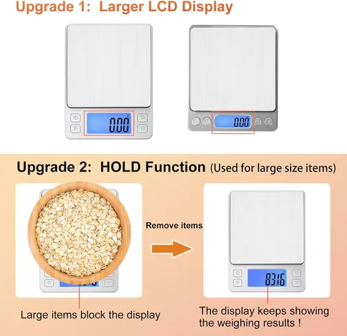Miniatura 3 de BOMATA 0.01g Báscula digital de gramos pequeña, USB recargable, báscula de joyería mejorada de 1kg con pantalla más grande y función de retención