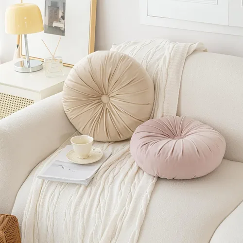 Miniatura 6 de MOJUN Almohada redonda de terciopelo de color liso, almohada de piso de calabaza, decoración del hogar, cojín redondo plisado para sofá, silla, cama