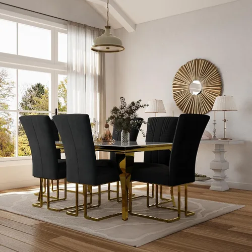 Miniatura 8 de AUZ Juego de 6 sillas de comedor negras y doradas, sillas tapizadas de terciopelo negro con patas de trineo de acero inoxidable pulido, sillas