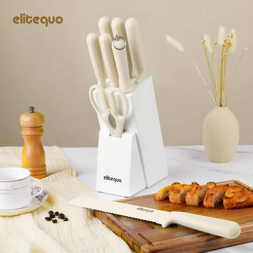Miniatura 8 de Juego de 8 cuchillos de cocina con afilador, apto para lavavajillas, acero inoxidable alemán con mango ergonómico antideslizante Beige