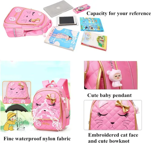 Miniatura 11 de Juego de 2 mochilas escolares con lazos para niñas y estudiantes, diseño de princesa para escuela primaria, 2pcs Negro-s, 2Pcs BagSet S