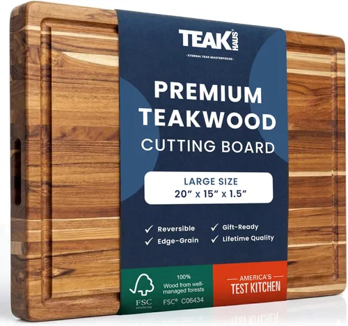 Miniatura 12 de Teak tabla para cortar rectangular con agarre y ranura para líquidos (24 x 18 x 1.5 pulgadas) - De Teakhaus. Solo tabla de cortar