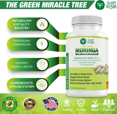 Miniatura 2 de Cápsulas de Moringa, 180 píldoras veganas de hoja de oleifera pura en polvo, 1200 mg por porción, suplemento sin OMG y sin gluten, suministro de 3