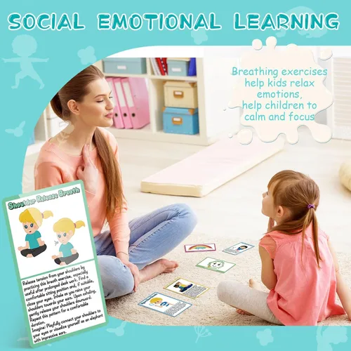 Miniatura 6 de Garybank Dados de yoga para niños con 12 tarjetas de yoga, 20 tarjetas de ejercicio de respiración, suministros de esquina para calmar, juego