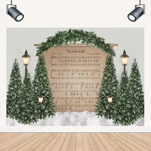 Telón de fondo de fotografía de árbol de Navidad, decoración de partitura musical para niños, decoración de cumpleaños, retrato de invierno, escena